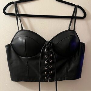 Black Lace-Up Leather Bustier Top- Brand New